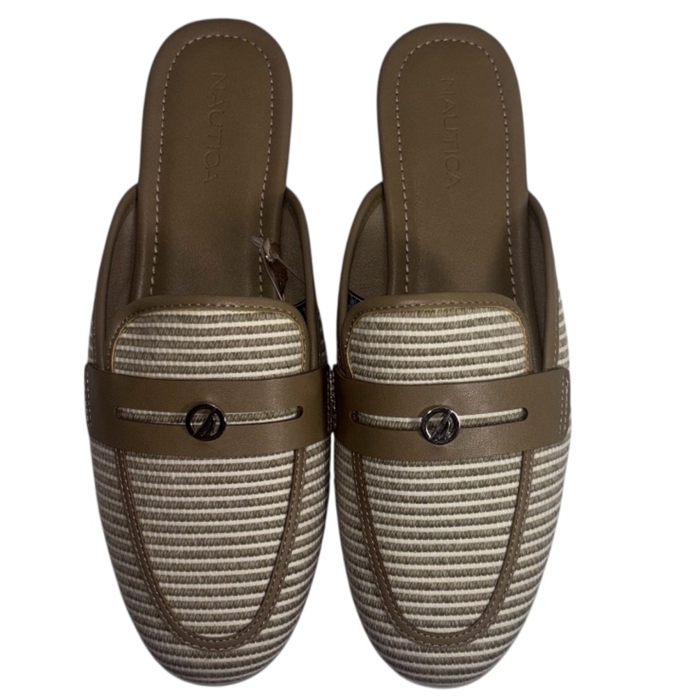 Nautica Flat Mules Slip On Comfort Style Kashmir Taupe Stripes Women’s Size 8.5